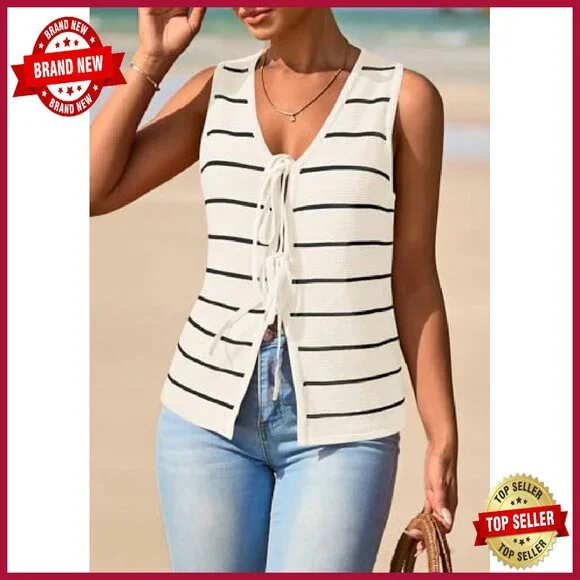 Crochet Knit V-Neck Tie Front Vest Tank Top Summer Beach Outfit
